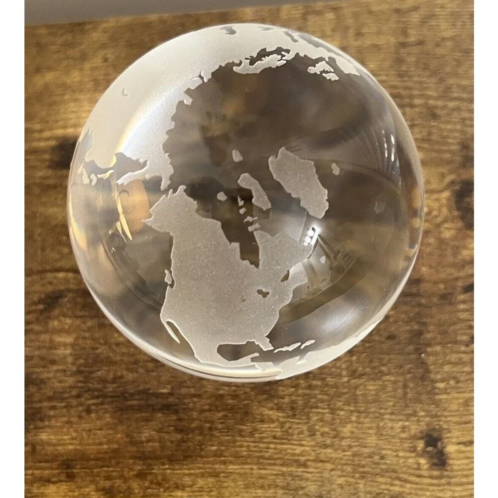 Vtg Clear WORLD MAP GLOBE Etched Glass Large Marble Paperweight Office Decor